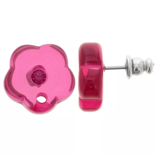15mm clear resin flower studs with rhinestones - Dark Pink x2