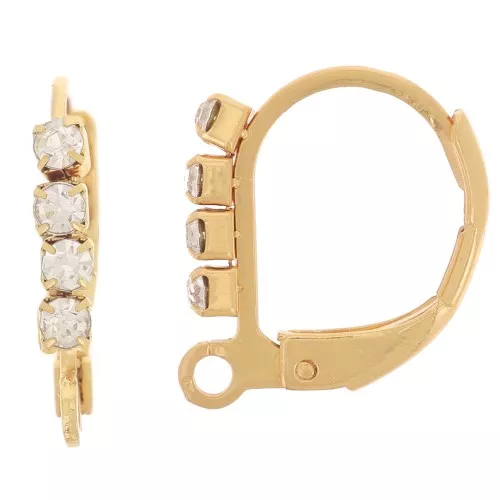 14 mm 304L stainless steel rhinestone leverback with open ring - Gold x2