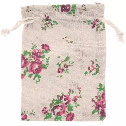 95x140mm Jute-effect polycotton pouch Flowers - Beige - Pink - Green x1
