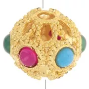 9x8mm Round flattened filigree bead with tinted gemstones - Onyx - Gold Tone x1