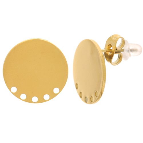 15mm Stainless steel 316L Smooth round earstuds with 5 holes - Gold x2