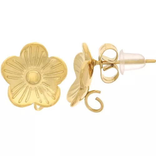 11mm 304L Stainless Steel Flower EarStuds with Open Hoop - Gold x2