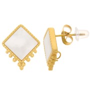15.5x13mm Diamond-Shaped Earstuds with Balls and Mother-of-Pearl - Gold-Plated 304L Stainless Steel (Set of 2)