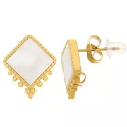 15.5x13mm Diamond-Shaped Earstuds with Balls and Mother-of-Pearl - Gold-Plated 304L Stainless Steel (Set of 2)