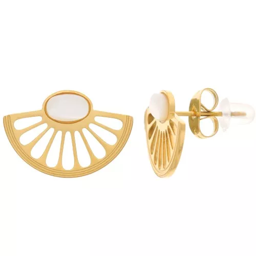 12x18mm 316L st. steel fan-shaped earstuds with mother-of-pearl cabochon - gold x2