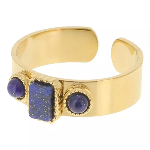 316L stainless steel Ring 3 cabochons S.55 to 60 - Gold - Lapis lazuli x1