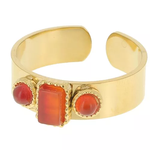 316L stainless steel Ring 3 cabochons S.55 to 60 - Gold - Red agate x1