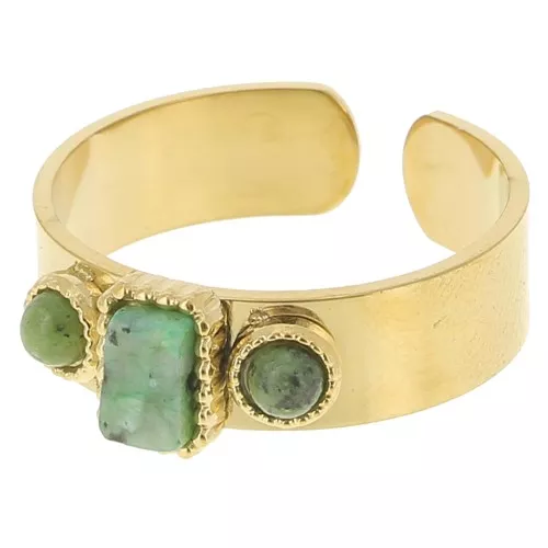 316L stainless steel Ring 3 cabochons S.55 to 60 - Gold - African Turquoise x1