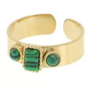 316L st. steel Ring 3 cabochons imitation gem S.55 to 60 - Gold - Malachite x1