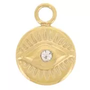 8mm 316L stainless steel round charm - eye motif with zirconium oxide - Gold x1