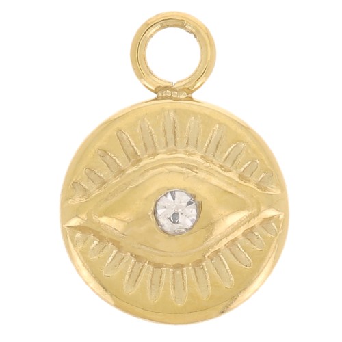8mm 316L stainless steel round charm - eye motif with zirconium oxide - Gold x1