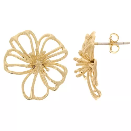 17x19mm Hollow Flower EarStuds with Open Hoop - Fine Gold-plated x2