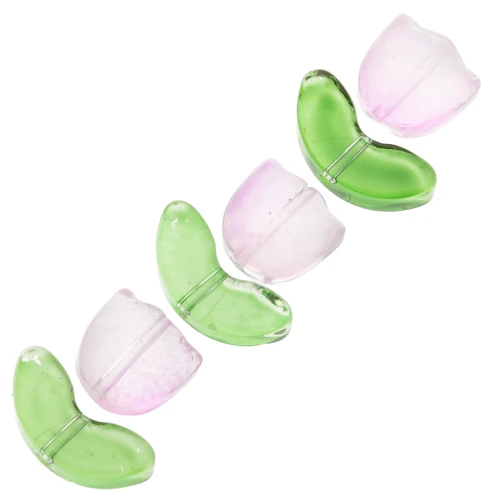 14mm Set of 6 Glass Tulip Beads - Pink Flower - Green