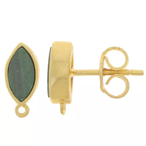 11x5mm navette earstuds with gemstone - Gold Tone - Malachite x2