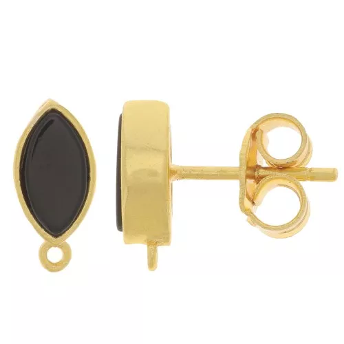 11x5mm navette earstuds with gemstone - Gold Tone - Black Onyx x2