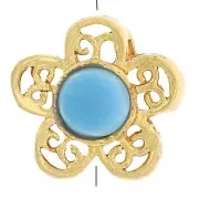 8mm filigree flower bead with gemstone - Gold Tone - Turquoise x1