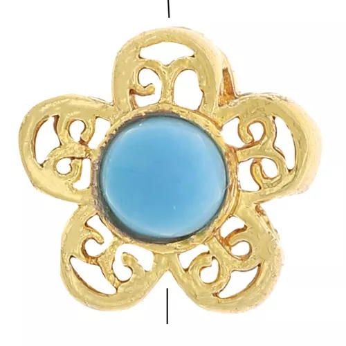 8mm filigree flower bead with gemstone - Gold Tone - Turquoise x1
