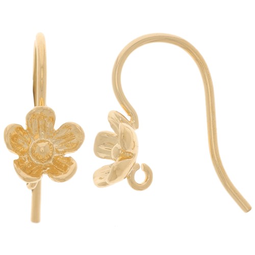 14mm Flower earwires with open ring - Fine gold plated x2