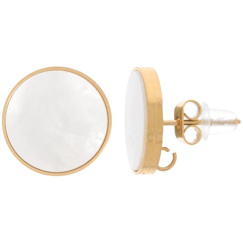 13mm 316L stainless steel round mother-of-pearl earstuds with open ring - Gold x2