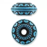 Flat round bead antique decoration  18,5mm Turquoise/Black x1