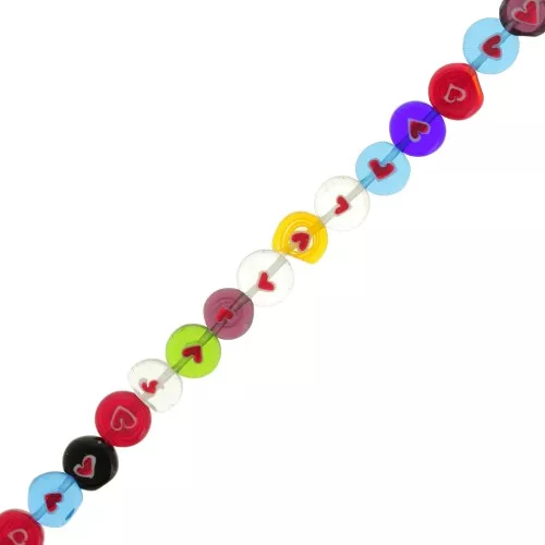 10mm Millefiori Flat round glass beads - heart pattern - Multicolored x35cm