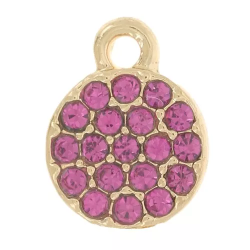 7mm round charm with rhinestones - Gold - Fuchsia x1