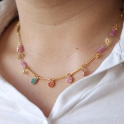 7mm round charm with rhinestones - Gold - Fuchsia x1