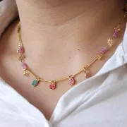 7mm round charm with rhinestones - Gold - Fuchsia x1