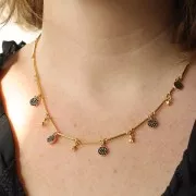 7mm round charm with rhinestones - Gold - Orange x1