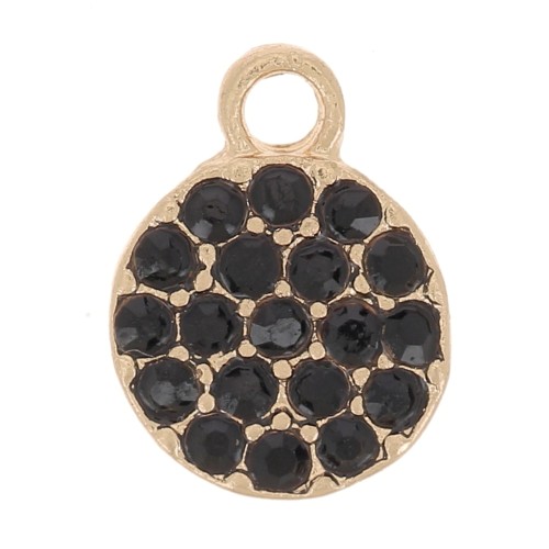7mm round charm with rhinestones - Gold - Black x1