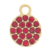 7mm round charm with rhinestones - Gold - Red x1