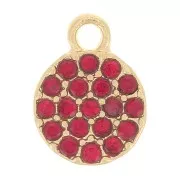 7mm round charm with rhinestones - Gold - Red x1