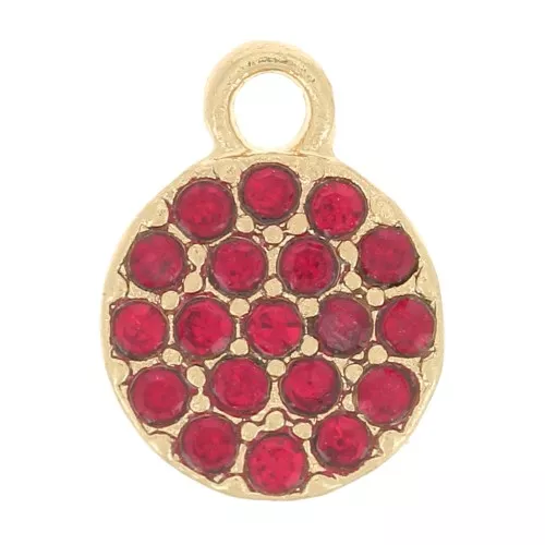 7mm round charm with rhinestones - Gold - Red x1