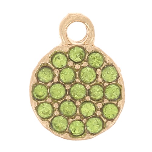 7mm round charm with rhinestones - gold - Light green x1