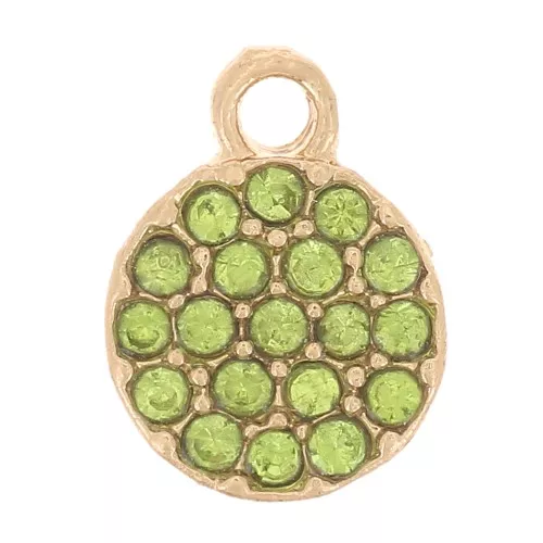 7mm round charm with rhinestones - gold - Light green x1