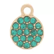 7mm round charm with rhinestones - Gold - Petroleum Blue x1