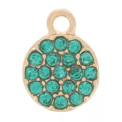 7mm round charm with rhinestones - Gold - Petroleum Blue x1