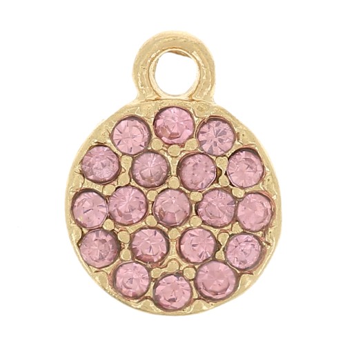 7mm round charm with rhinestones - Gold - Light pink x1