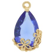 16x9mm Faceted glass drop pendant with flowers - Gold - Blue x1