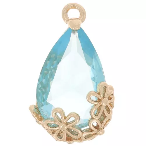 16x9mm Faceted glass drop pendant with flowers - Gold - Turquoise blue x1