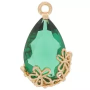 16x9mm Faceted glass drop pendant with flowers - Gold - Emerald x1