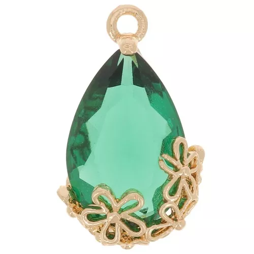 16x9mm Faceted glass drop pendant with flowers - Gold - Emerald x1