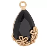 16x9mm Faceted glass drop pendant with flowers - Gold - Black x1