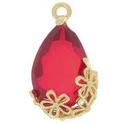 16x9mm Faceted glass drop pendant with flowers - Gold - Red x1
