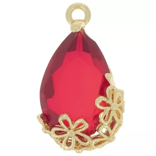 16x9mm Faceted glass drop pendant with flowers - Gold - Red x1