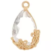 16x9mm Faceted glass drop pendant with flowers - Gold - Transparent x1