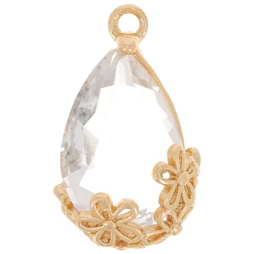 16x9mm Faceted glass drop pendant with flowers - Gold - Transparent x1