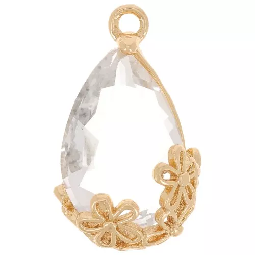 16x9mm Faceted glass drop pendant with flowers - Gold - Transparent x1