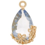 16x9mm Faceted glass drop pendant with flowers - Gold - Light blue x1|raw }}
