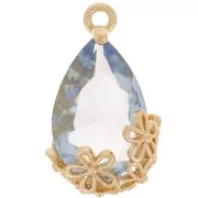 16x9mm Faceted glass drop pendant with flowers - Gold - Light blue x1
